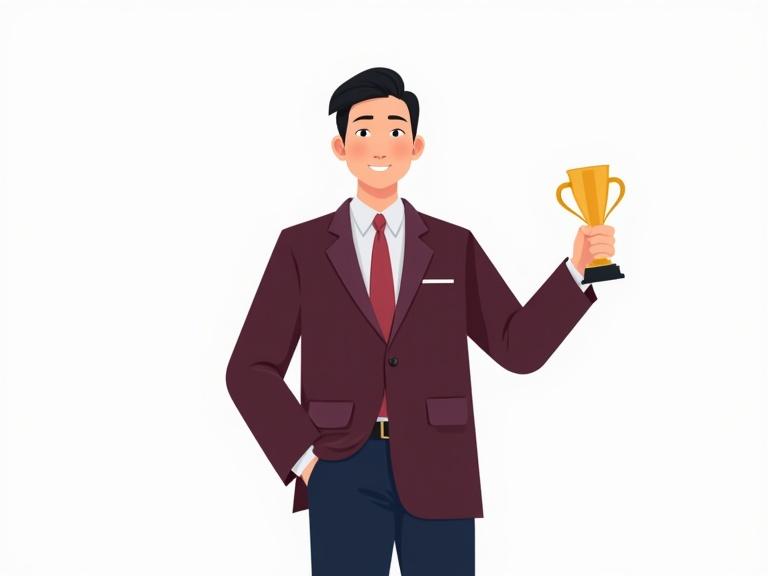 Illustration features confident adult man in business suit celebrating an achievement. He holds a trophy. His hair is short and black with almond-shaped eyes. Clothing includes maroon and navy blue. Background is transparent.