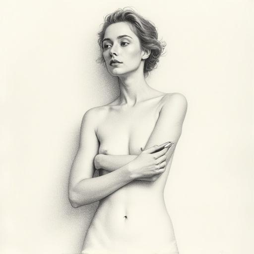 Pencil sketch of a contemplative woman drawing herself. Right hand holds a graphite pencil mid-stroke on her arm. Lower body has soft shading. Only left eye fully formed. Background is plain off-white, illuminated by diffused light.