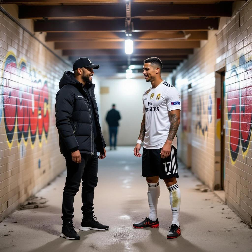 Spontaneous paparazzi-style photo of two individuals in a sports setting. One wears a football kit representing a famous player. The scene shows interaction in a basement hallway. The atmosphere conveys a sense of chaos and energy with bright flash lighting.