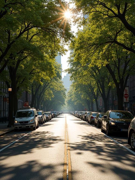 Photorealistic image shows an avenue in New York. Bright sunlight shines through trees. Dappled shade is present on the street. Cars are parked along both sides of the road. The trees are lush and abundant.