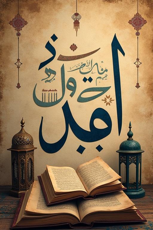 Vertical book cover design in artistic collage style inspired by Arabic culture. Background is textured old paper. Layered elements include floating Arabic calligraphy, ancient books, geometric patterns, old lanterns, and wooden arabesque. Warm color palette features deep browns, gold, navy blue, and muted reds. Composition is balanced with an academic and mysterious feel. Vertical layout with cinematic lighting and soft shadows.