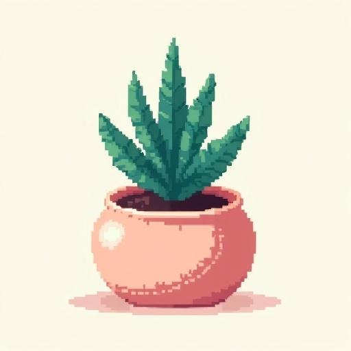 Pixel art of a small blue star fern with pointed green leaves in a light pink ceramic pot. Front-facing slight 45-degree angle shows pot opening. No shadows, 16-bit style, 32x32 pixels. Five to seven upright leaves visible. Simple design with minimal detail resembling Stardew Valley.