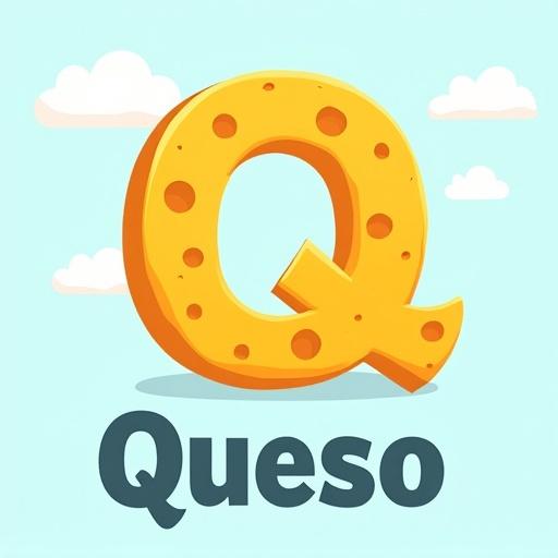 Illustration of a flashcard with light blue background and soft clouds. Center features a large letter Q made from cheese with holes. Below it, the word Queso in large letters. Style is cheerful and kid-oriented with vibrant colors.