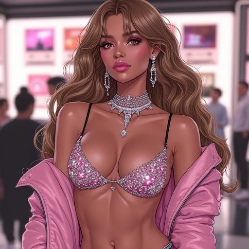Anime character depicted as a fashionable woman in a modern Adidas store. She has silver eyes, elegant light brown wavy hair, and wears expensive light pink diamond jewelry. The outfit is edgy and sexy with oversized streetwear elements. The setting is vibrant and futuristic, designed to capture luxury and youthfulness.