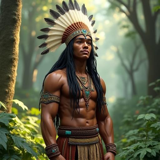 A 3D illustration of an indigenous person wearing traditional attire with beadwork and feathered headgear in a lush forest. Inspires strength and connection to nature.