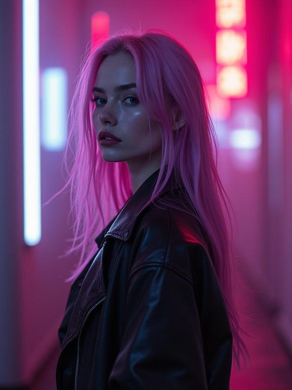 Bright hair girl in a cyberpunk setting. Full body portrait. Android rebel with dominant energy. Charismatic and intelligent. Tech noir atmosphere. Intricate details and perfect anatomy. Cinematic lighting. High-resolution photography.