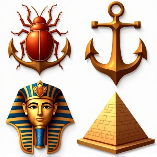 Game icons featuring ancient symbols and a maritime anchor. Central scarab symbol at the top. Sword symbol located at the top left. Ankh symbol positioned at the bottom right. Horus symbol placed in the middle bottom. Pyramid symbol located at the bottom left.
