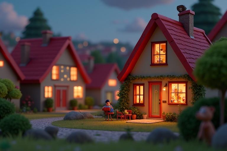 3D animated scene showing a small town at dusk with a cozy house. House has a vibrant red roof. Windows glow with warm light. Room inside shows colorful toys. Bright colors create a welcoming atmosphere.