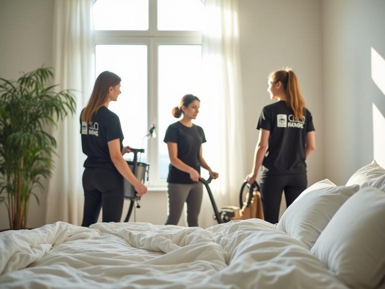 A cinematic image shows female cleaners in a minimalist bedroom influenced by soft morning light. One cleaner vacuums while another folds blankets. The third cleaner is cleaning large windows. They wear matching black T-shirts and work efficiently. The room features white sheets and a pleasant atmosphere.