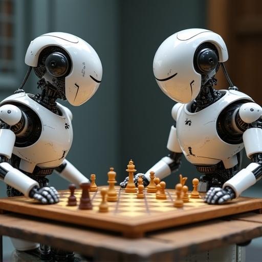 Two humanoid robots of 1980s design playing 3D chess in a cozy indoor setting.