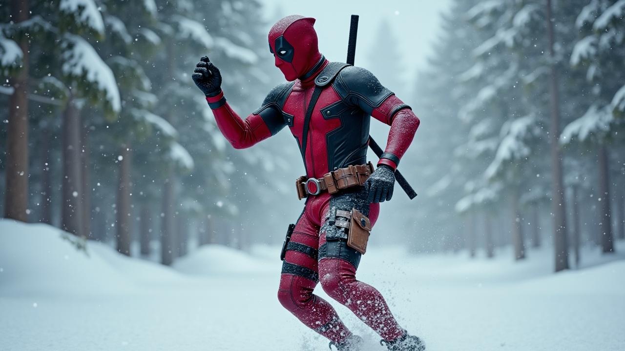 A fictional superhero in a red and black suit stands amidst a snowy forest, his posture animated and determined. The snow-laden trees and falling snowflakes add a serene but dynamic atmosphere to the scene. The character's red suit provides a striking contrast against the white and muted greens of the forest, adding an element of action to the tranquil setting.