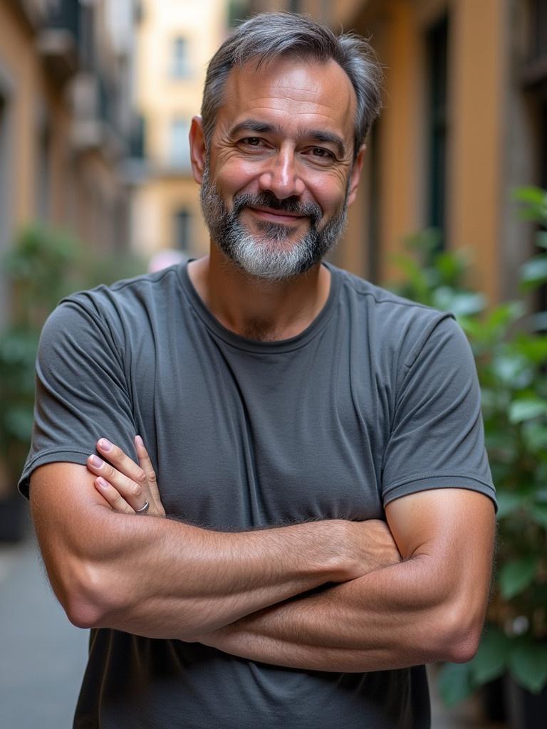 Casual portrait of a man standing in an urban alleyway. The man has his arms crossed. Soft natural light illuminates his figure. He wears a plain gray t-shirt. The background shows soft-focus greenery and warm-colored buildings.