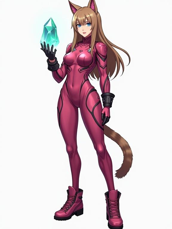 Mature woman with long light brown hair and light brown cat features. Wearing a dark pink bodysuit and combat heels. Holding a teal glowing crystal. Sci-fi look in the style of Xenoblade Chronicles 2.