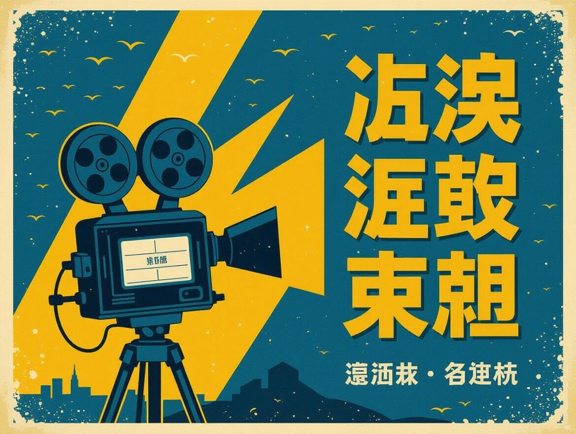 Image features a retro style movie projector with a deep blue and light yellow angled background. Large text on the right reads '大展宏图'.