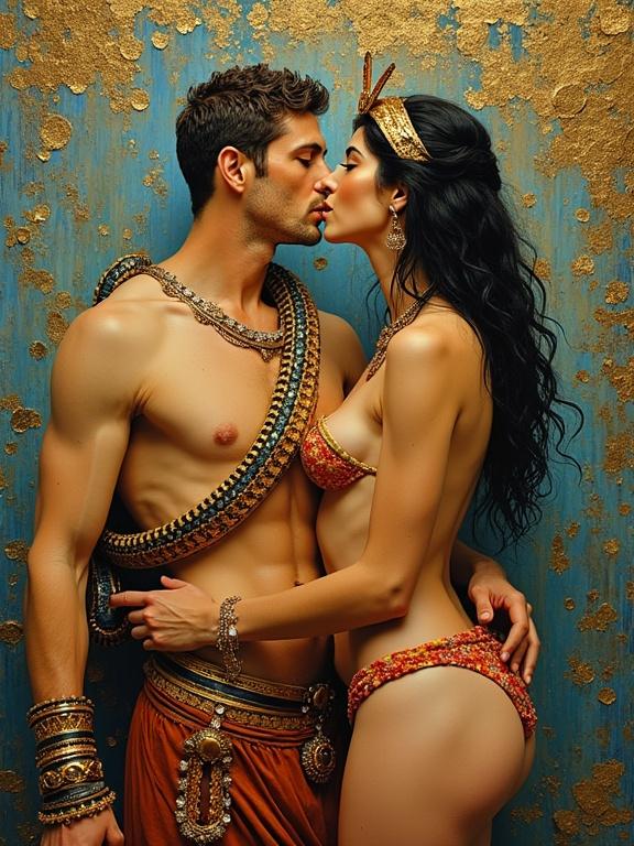 Couple embraces in a sensual scene. Intricate details highlight their attire. Gold background complements their skin tones. 3D painting captures romantic emotion. Inspired by Klimt's distinctive style.