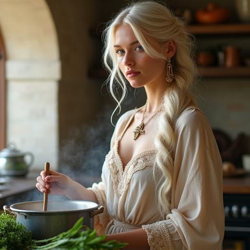 Portrait of young woman in kitchen. Hair tied back in braid. Light blue eyes. Fair skin. Calm expression. Wearing beige robe. Gold cross pendant and earrings. Stirring pot on wooden counter. Surrounded by herbs and vegetables. Blurred classical interior background. Soft natural light enhancing details.