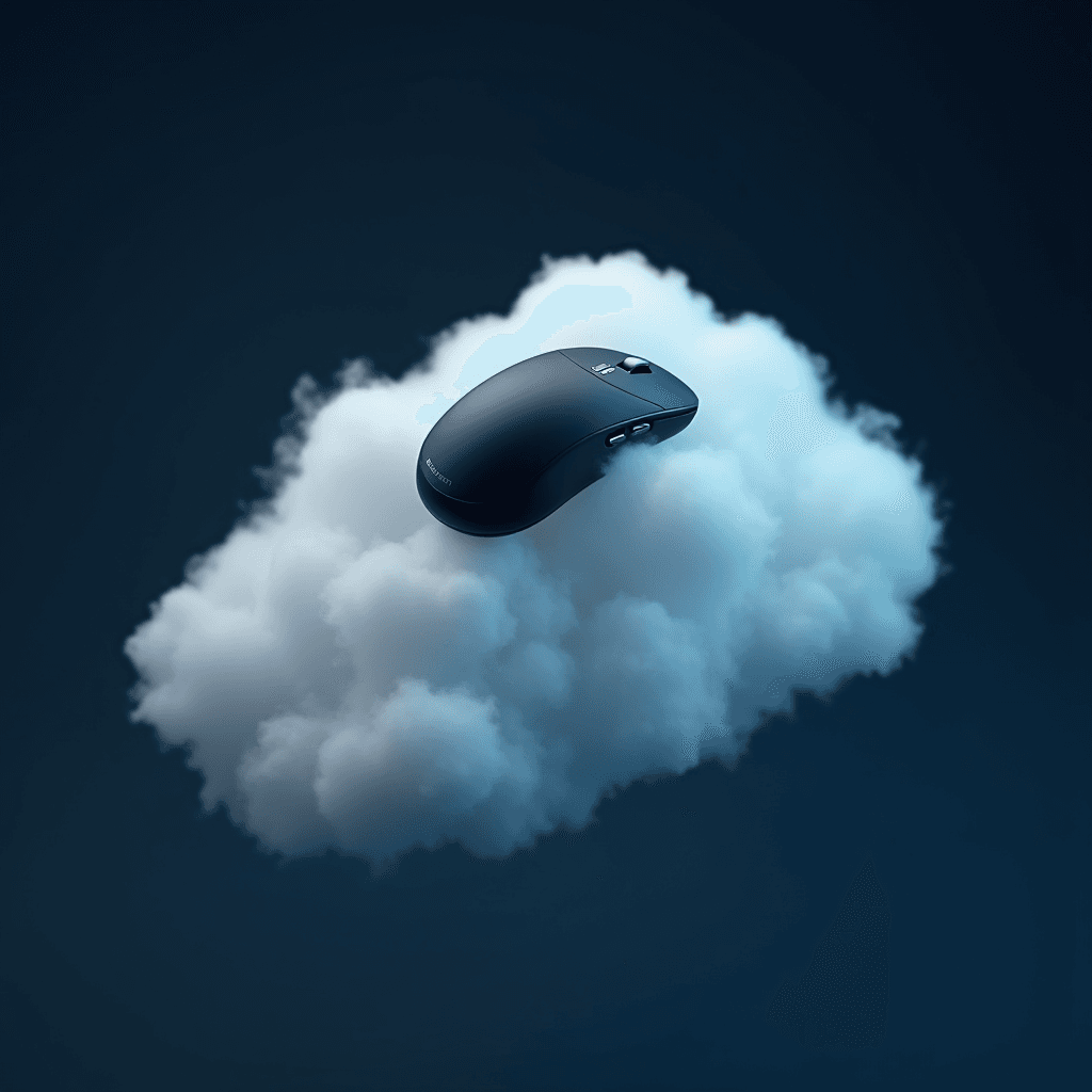 A computer mouse resting on a fluffy cloud against a dark background, symbolizing cloud computing.