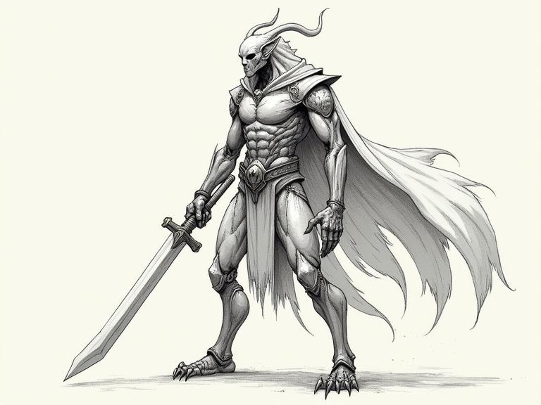 Technical drawing of a concept art character known as quickling lord. Humanoid figure with muscular build, wielding a sword. Designed for fantasy settings. Character features elaborate armor and long flowing cape.