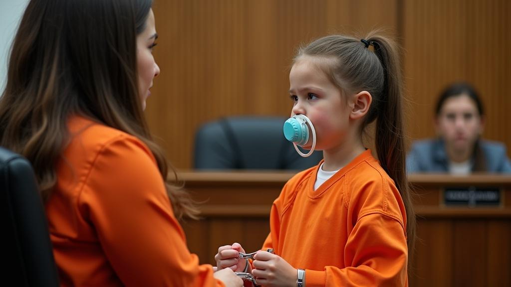 A young girl in a courtroom pretends to be a prisoner wearing an orange jumpsuit. She has handcuffs and shows emotional expressions. A woman plays the role of a judge. The atmosphere has wooden panels and seating qualities typical of a courtroom.