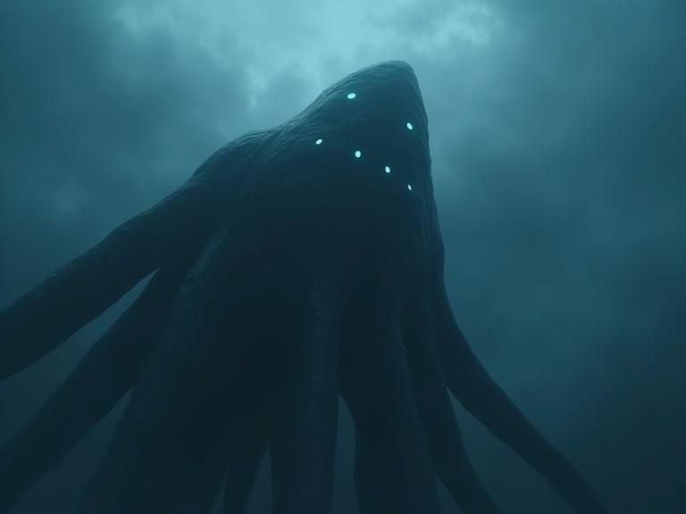 Dark cinematic view looking up at a huge black tentacle creature. Specular smooth tentacles and oval head. Six glowing dark blue eyes. Set in foggy clouds at high altitude. Realistic with soft reflections and high details.