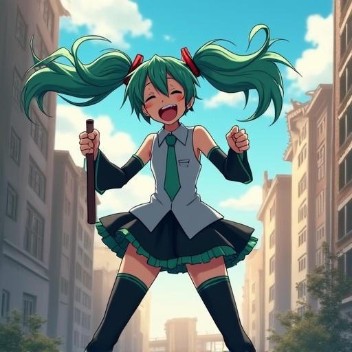 Anime character laughing joyfully while holding a bat, destroyed buildings in the background, bright and vibrant colors.