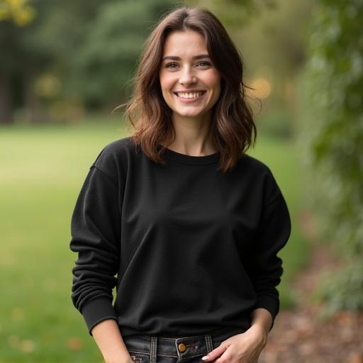 Woman wearing a black Bella+Canvas Tri-blend Long Sleeve Shirt. Standing outdoors. Smiling at the camera. Suitable for T-shirt mockup.