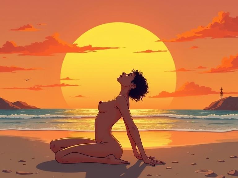 Naked cartoon woman sunbathing on the beach in arch position with sunset background.