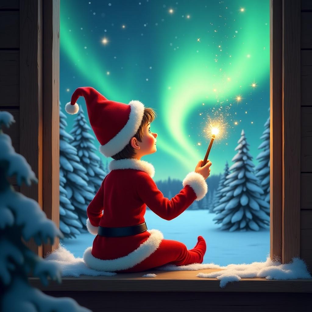 Elf on shelf sits on window ledge. Uses magical wand to create twinkling sparks. Looks up at northern lights. Background is winter wonderland with snow-covered trees. Dressed in vibrant red outfit with white trim. Scene illuminated by aurora colors. Magical and festive ambiance.