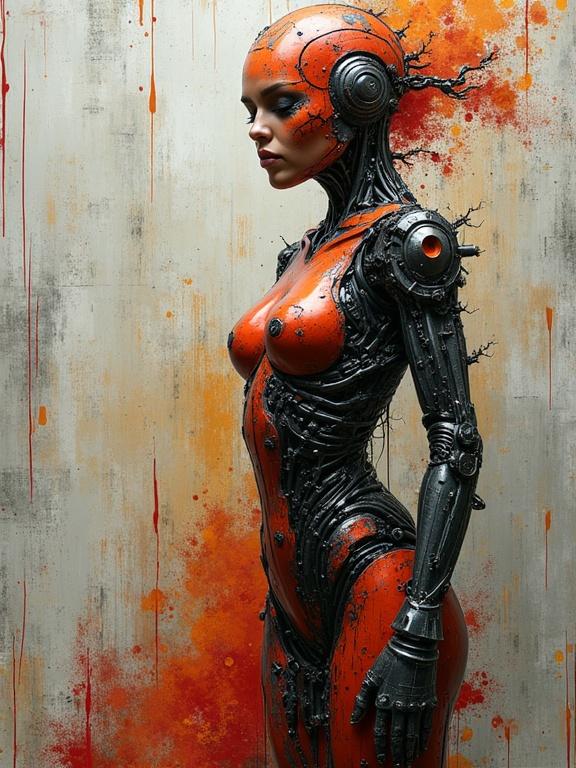 Highly detailed 3D artwork of a mechanical female figure, showcasing a blend of organic and robotic elements with a focus on texture and color exploration.