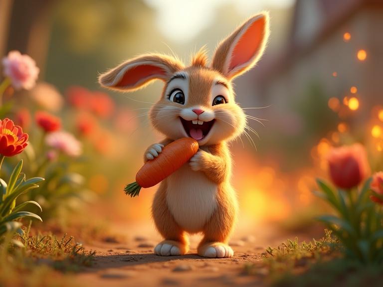 A 3D Pixar style bunny laughs while holding a carrot. The bunny appears joyful riding away from a colorful garden with flowers. Background shows a playful atmosphere with fire adding drama to the scene.