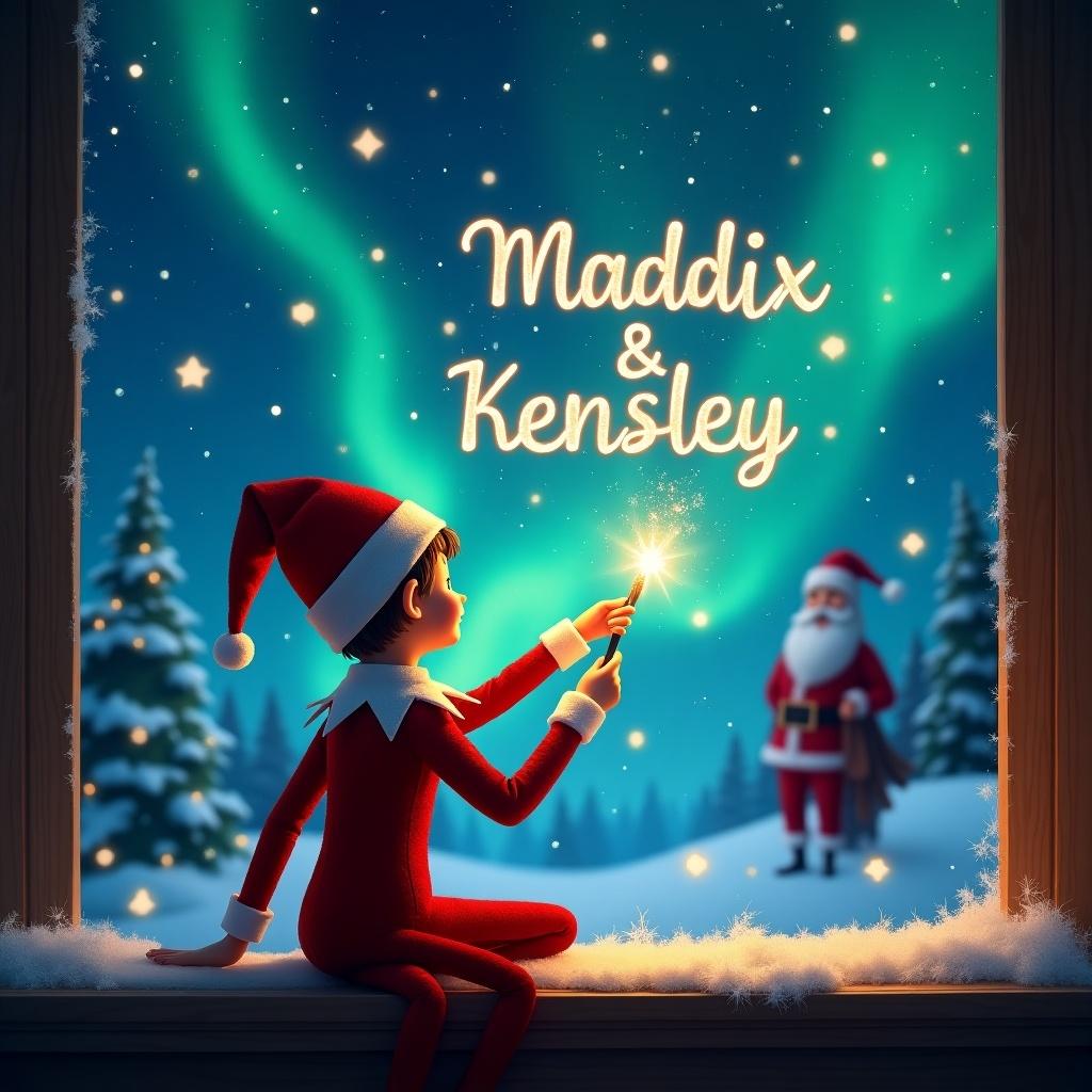 Elf on the shelf with his back to the image facing the sky. Using a wand to write in the sky. Background includes a magical Christmas scene with northern lights and Santa. Names Maddix and Kensley elegantly written in the sky.