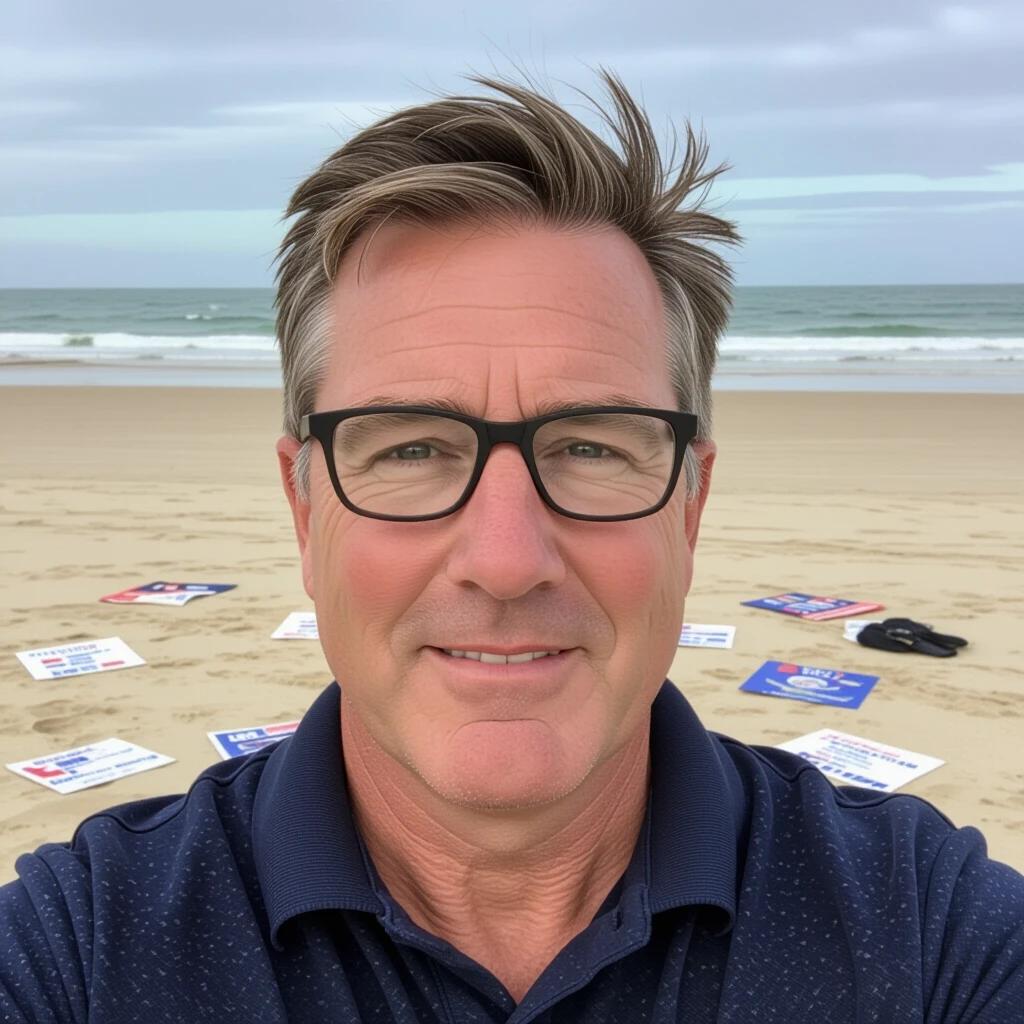 Photograph shows a middle-aged man wearing glasses standing on a beach. Several expense documents are scattered on the sand around him.