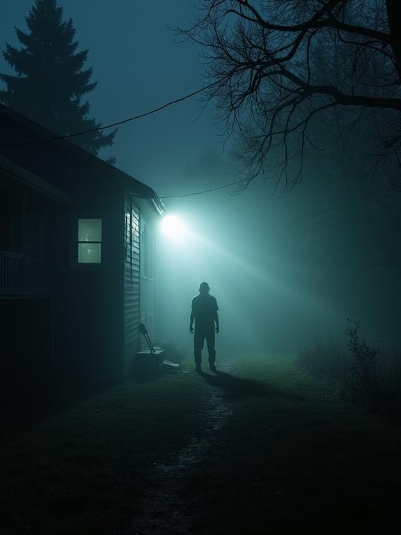Backyard at night with a motion sensor light illuminating a shadowy figure at the edge of woods. Fog partially obscures the figure creating a surreal horror scene.