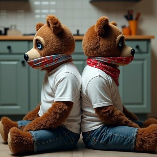 A side view of two anthropomorphic bear fursuits. One bear has blue eyes and the other has brown eyes. Both bears are dressed in white shirts and blue jeans. Their mouths are sealed tightly with colorful bandanas. The bears are sitting side by side on the floor, back to back, with arms and legs bound. The setting is a kitchen, capturing tension and emotion.