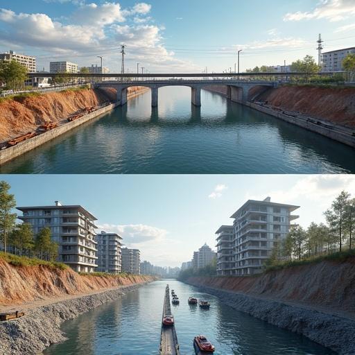 Photo collage of construction work visualization. Features rigid roads and concrete bridges. Includes 6-storey buildings and drainage channels.