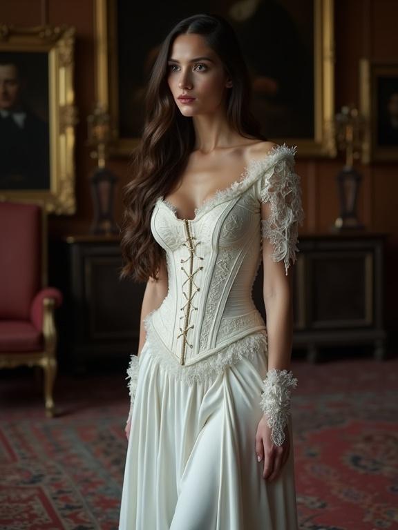 Young woman in white frizzy corset and skirt. Dark room with carpets and portraits. Long dark brown hair, hazel eyes, thin red lips. Full body shot. Intricate clothing details. Realistic style, high quality. Large bust, thin waist, large hips and thighs. Legs crossed, facing left at a 30 degree angle.