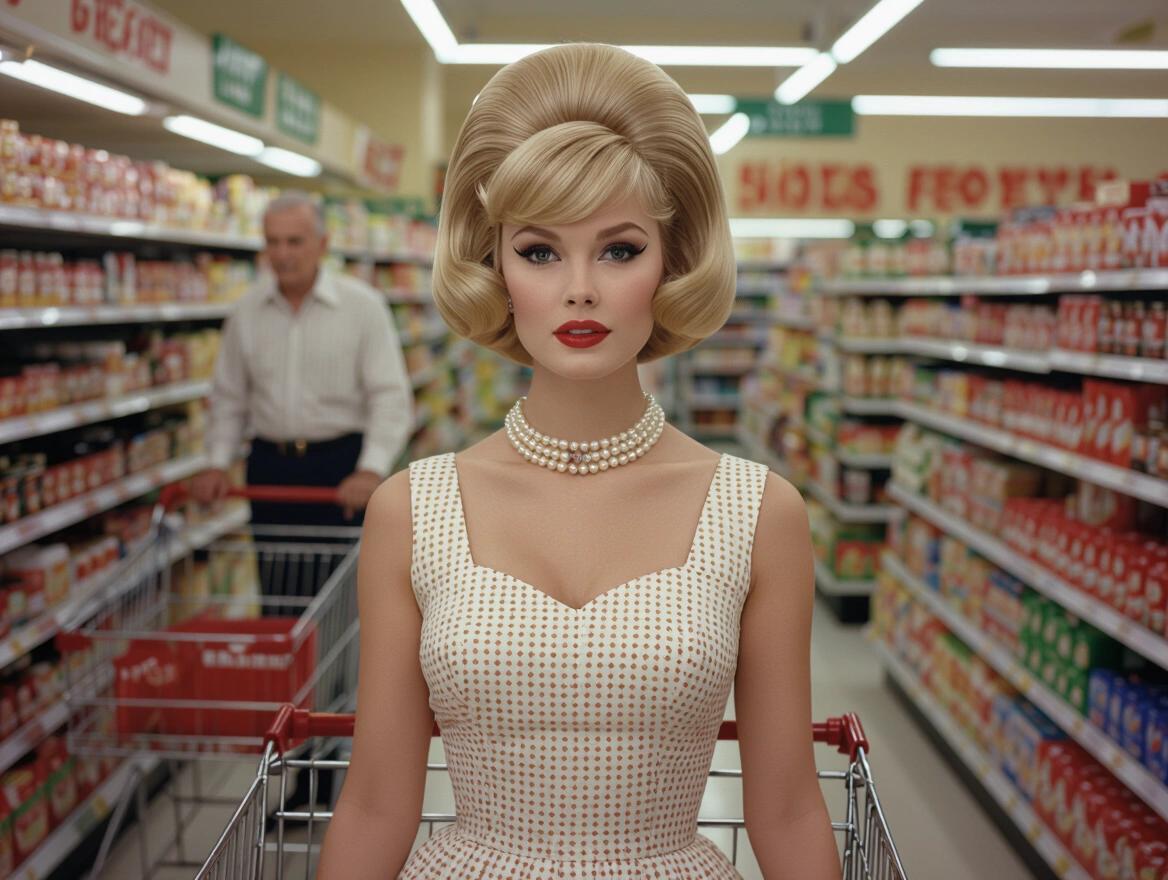 Stunning portrait of a 1960s woman with a platinum blonde beehive hairstyle. Flawless makeup featuring winged eyeliner and ruby red lipstick. Wearing a classic sundress with petticoats. Pushing a shopping cart in a grocery store with vibrant colors. An old man appears in the background. Rendered in a style reminiscent of Slim Aarons, capturing mid-century sophistication.