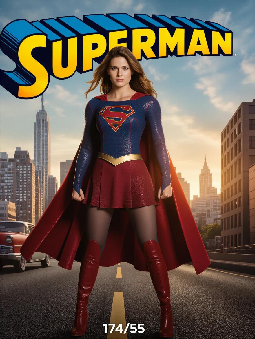 Female superhero in Superman costume stands confidently in a city setting. Model has brown hair and striking features. Background shows urban landscape with iconic buildings. Scene portrays a cinematic feel with a magazine cover finish.