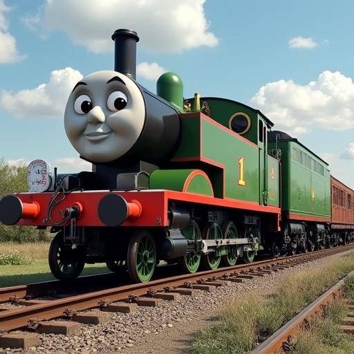 Cartoon train character with a cheerful face. Green color scheme with red accents. Train is depicted on tracks in a sunny landscape.