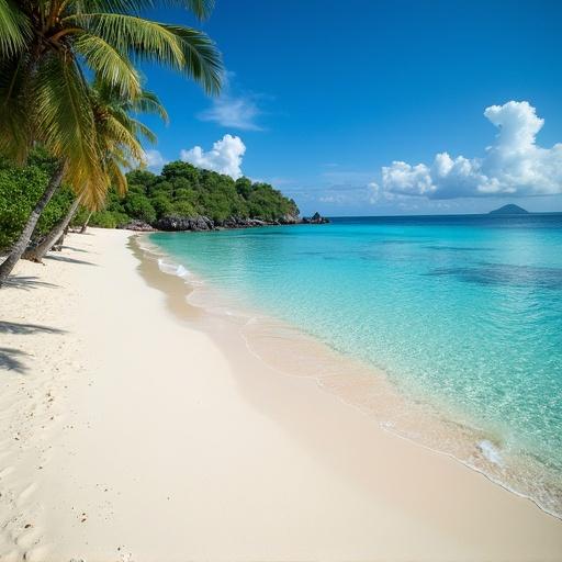 Scenic view of a tropical beach in Seychelles featuring palm trees and clear turquoise water. Soft waves lapping at the shore with white sand.