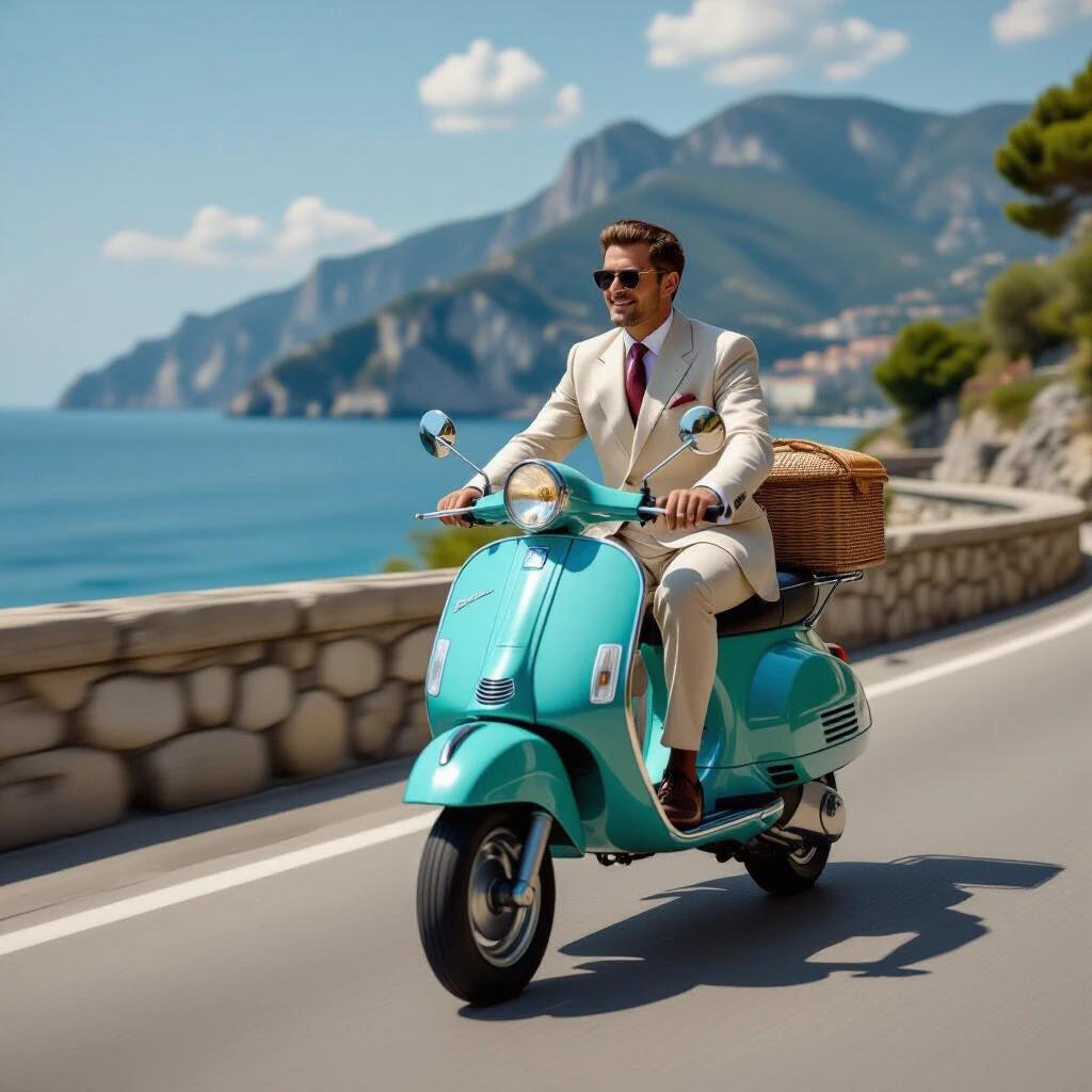 A man rides a vintage Vespa scooter on a coastal road. He wears a summer linen suit and stylish sunglasses. Wind flows through his hair, evoking the essence of La Dolce Vita style.