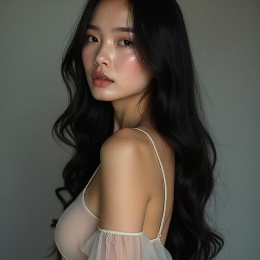 Portrait of a Japanese woman with long black hair and elegant features in a stylish sheer outfit. Graceful pose in high-fashion style. Soft background and high-resolution image.