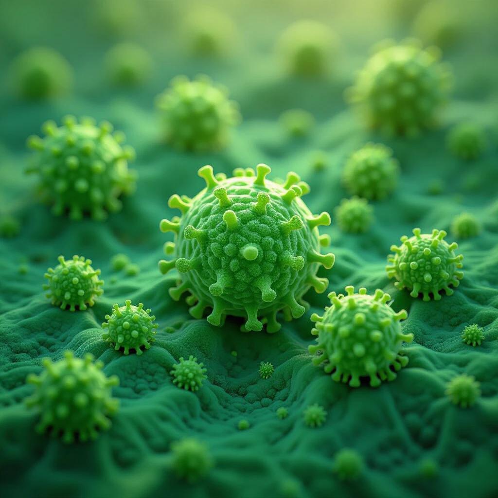 Realistic depiction of green plant cells in a microscopic view. Various sizes and structures of cells shown. Emphasis on detailed textures and vibrant colors.