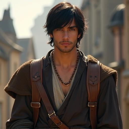 A male character stands confidently in medieval fantasy clothing. He has a honey skin tone, jet black hair styled with a side-swept fringe, and hazel almond eyes. His attire includes a tunic and leather accessories. He wears a beaded necklace and has a medieval backpack. The character exhibits a humorous yet mischievous expression with a protective demeanor.