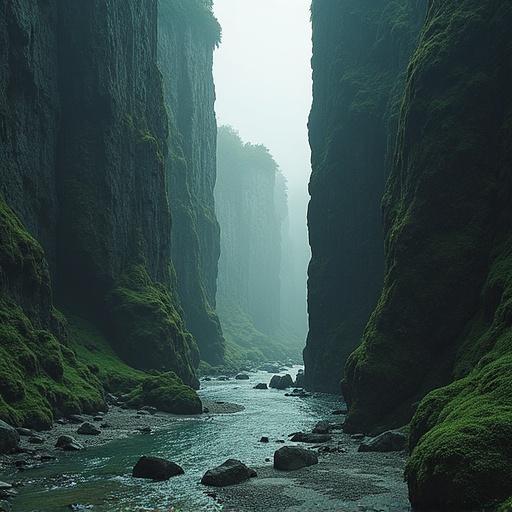 A misty canyon with towering cliffs covered in moss. A serene river flows through. The light is soft and diffused. The atmosphere feels mystical and inviting.