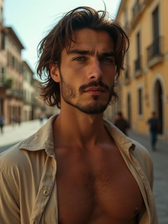 Portrait of an Italian man with blue eyes and medium brown wavy hair. No facial hair except light moustache and goatee. Muscular with hair on chest and abs, looking slightly to the side with a brooding expression. Set in a dilapidated Italian piazza, illuminated by warm afternoon light. 35mm analog film style with distinct Italian features, tall and broad appearance, approximately 25 years old.