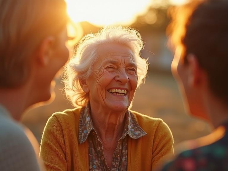 Joyful older adult laughing with friends in sunny outdoor setting with warm golden tones
