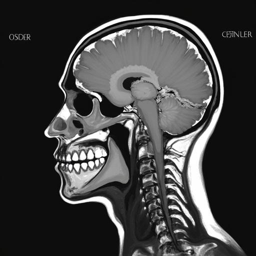 MR Image showing human skull and brain anatomy with high contrast black background. Detailed illustration of internal structures and spine.