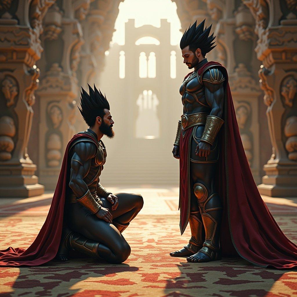 Bardock kneels before King Vegeta. Scene combines sci-fi palace with medieval architecture. Characters wearing elaborate armor and capes.