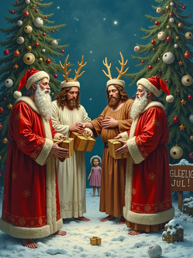 Three figures representing Jesus exchanging gifts with two Santas wearing red robes. Each figure has multiple arms and antlers. There are elaborately decorated Christmas trees in the background. A crying child stands behind the group. The scene includes a sign that says 'GLEDELIG JUL!'